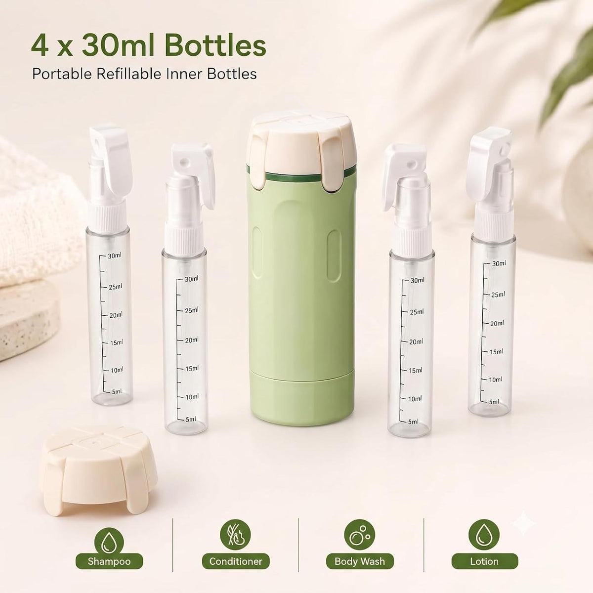4-in-1 Refillable Travel Bottle Dispenser, 4 x 30 ml