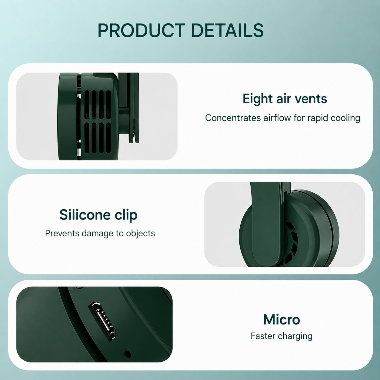Mini Bladeless Clip-On Fan, 3 Speeds, Portable