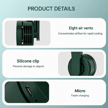 Mini Bladeless Clip-On Fan, 3 Speeds, Portable